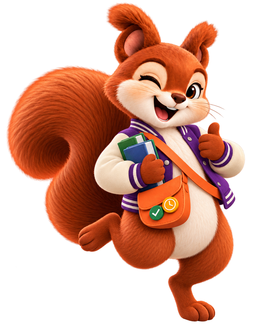 Playful Pockets in a purple varsity jacket, winking and giving a thumbs-up with study books and one foot lifted