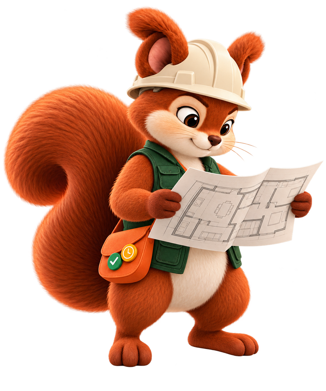 Focused Pockets in a green utility vest and hard hat, studying a floor plan