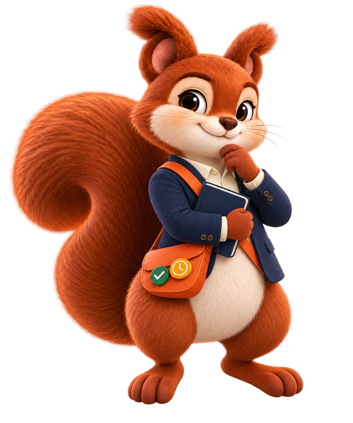 Thoughtful Pockets in a navy blazer, holding a notebook with a paw at his chin